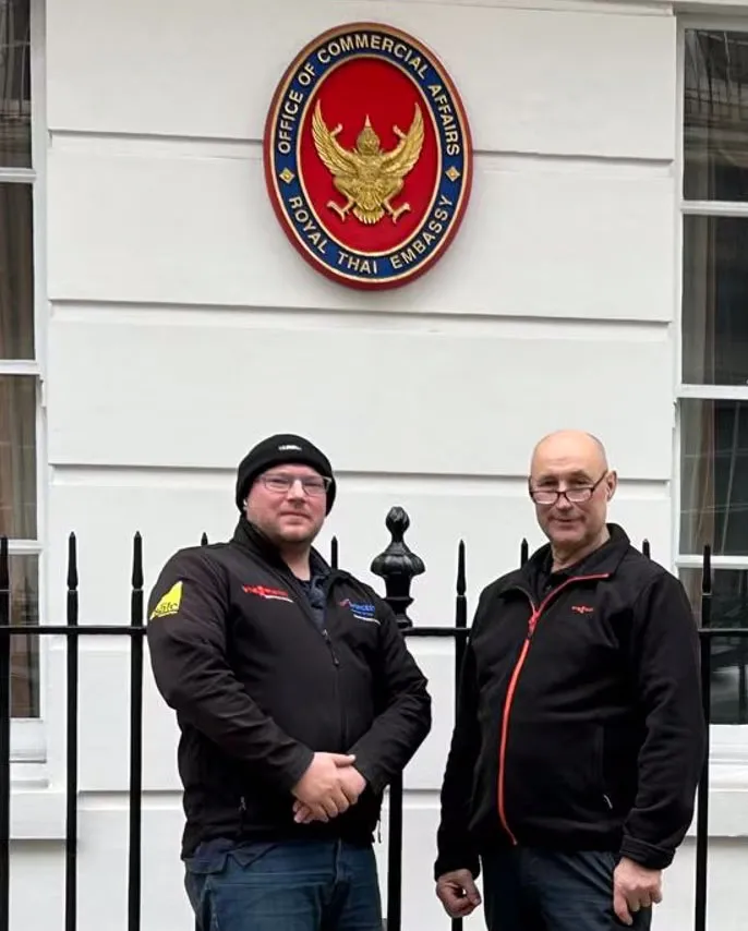 Engineers outside the Royal Thai Embassy Office of Commercial Affairs in London, where a Viessmann Vitodens 200-W boiler replaced the building's old plant