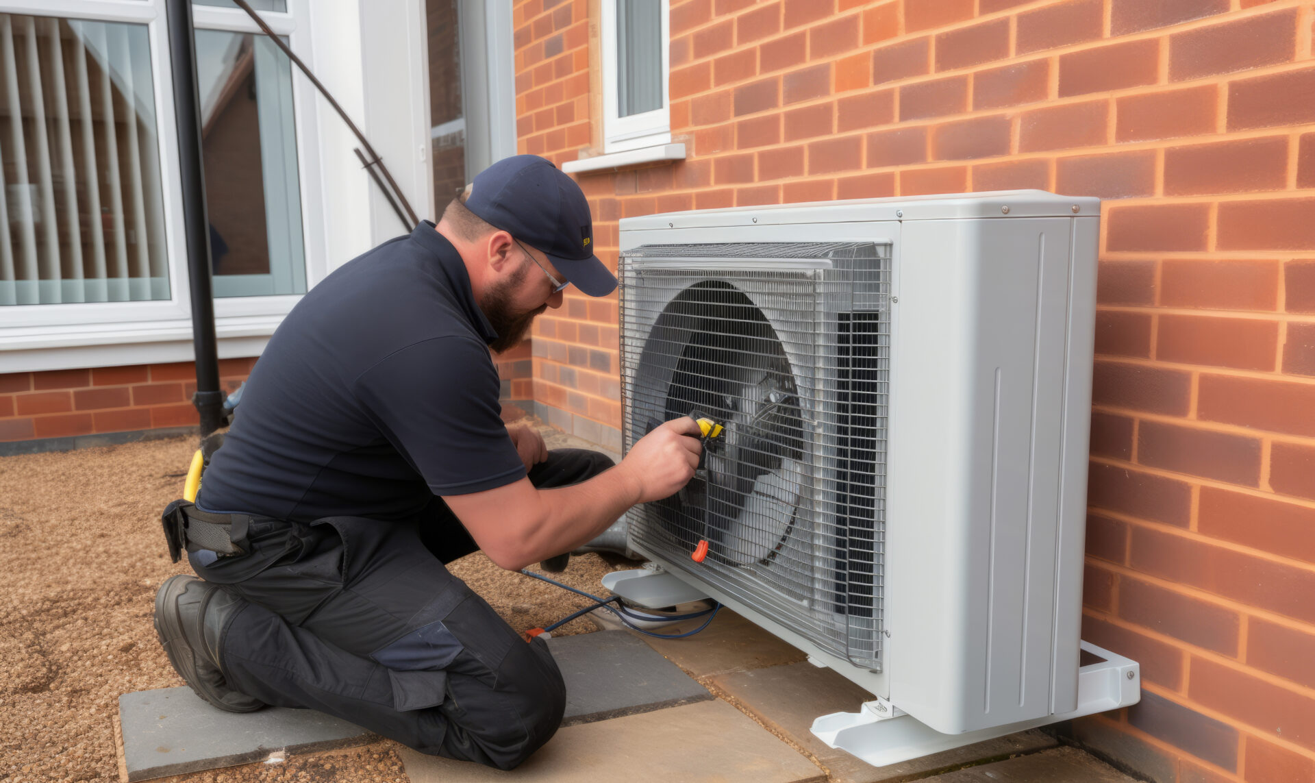 An air source heat pump heating unit installed on the outside of a house by an engineer.